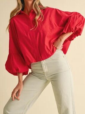 &MERCI - Button Down Bubble Sleeve Red Women's Top
